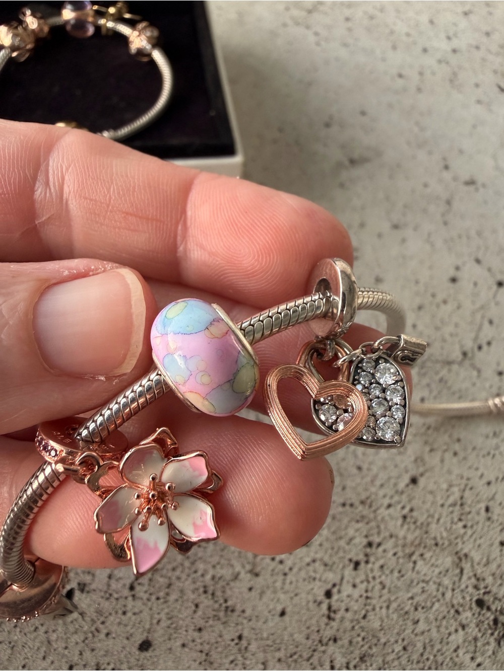 2 Pandora Two-Tone Charm Bracelets with Rose Gold Floral Charms & Gold Bee - Picture 11 of 15